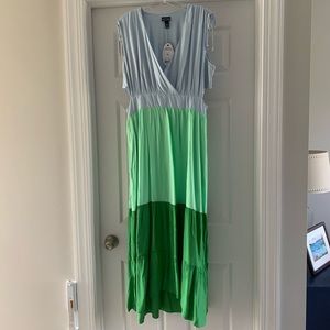 Three-Tone Green Maxi Dress with Tie Shoulders